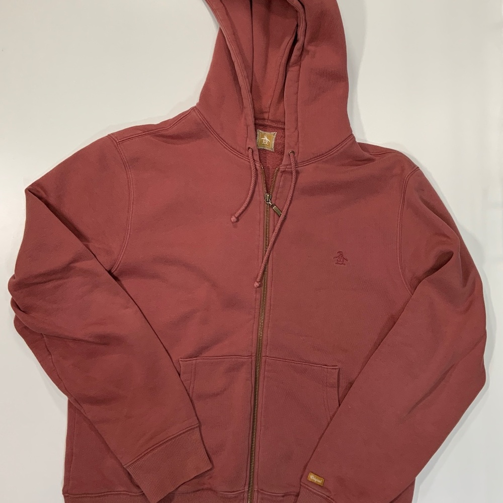 Men's Original Penguin Full Zip Hoodie in Apple Butter Red Size Large